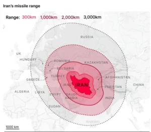 Which European countries could be hit by Iranian drones and missiles if Iran were to attack Europe. What is the greatest risk